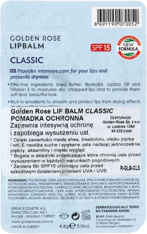 Бальзам для губ "Класичний" - Golden Rose Lip Balm Classic SPF15 — фото N2