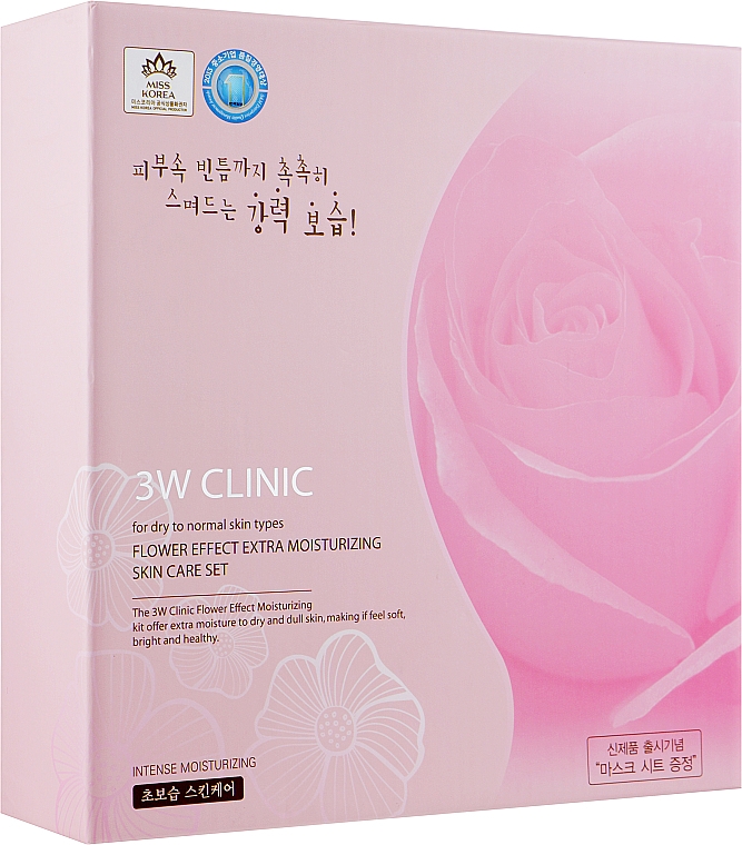 Набір - 3W Clinic Flower Effect Extra Moisturizing 3 Kit Set (ton/150ml + emul/150ml + f/cr/50ml + mini/ton/30ml + mini/emul/30ml) — фото N2