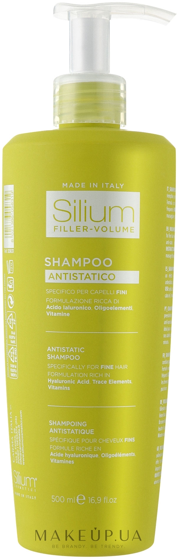 Шампунь-філер для об'єму і ущільнення тонкого волосся з антистатичним ефектом з гіалуроновою кислотою - Silium Antistatic Shampoo — фото 500ml