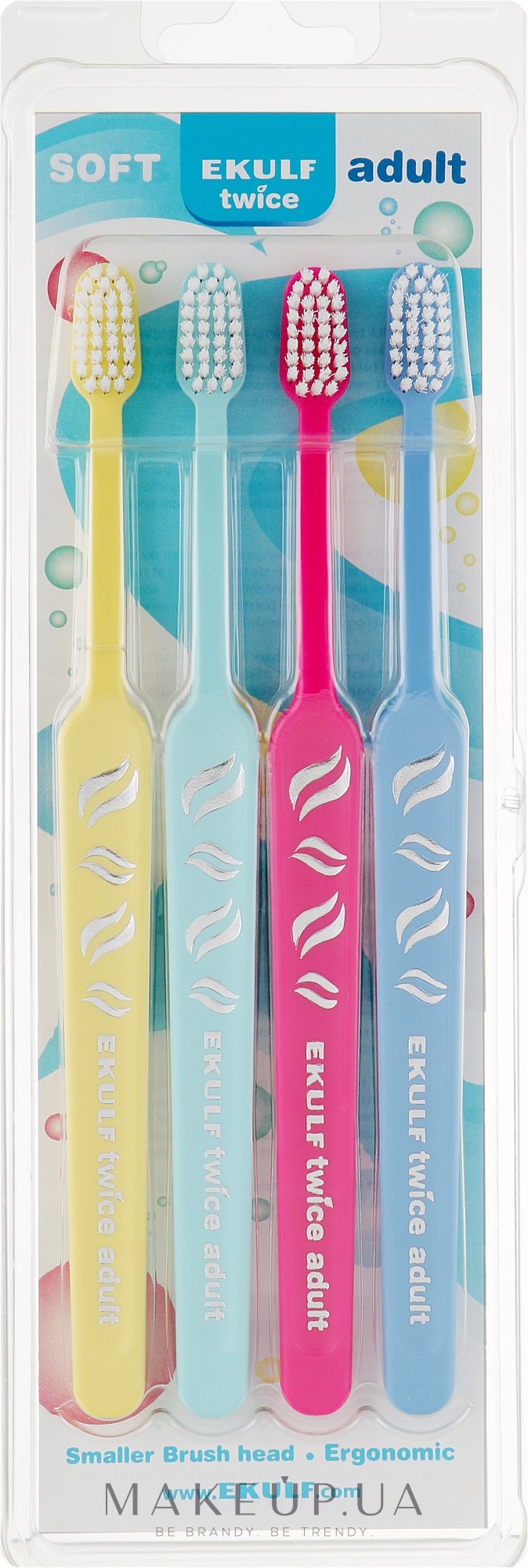 Набор мягких зубных щеток, желтая+голубая+розовая+фиолетовая - Ekulf Twice Adult — фото 4шт