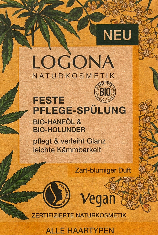 Твердый кондиционер для блеска и ускоренного роста волос "Конопля и Бузина" - Logona Feste Pflege-Spulung Hanfol & Holunder