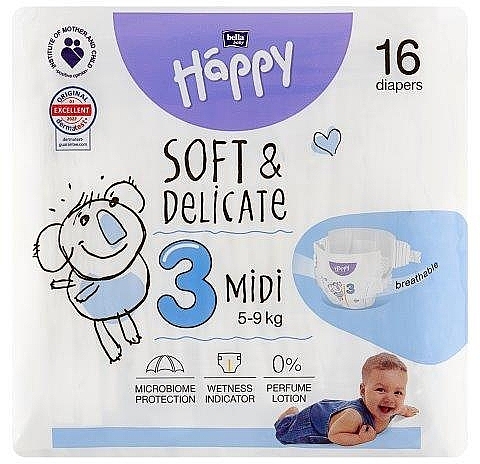 Детские подгузники 5-9 кг, размер 3 Midi, 16 шт - Bella Baby Happy Soft & Delicate — фото N1