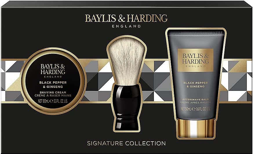 Набор - Baylis & Harding Black Pepper & Ginseng Luxury Shave Set (sh/cr/100ml + ash/balm/50ml + sh/brush) — фото N1