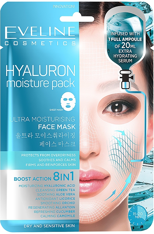 Ультразволожувальна корейська тканинна маска 8 в 1  - Eveline Cosmetics Hyaluron Moisture Pack Face Mask — фото N1