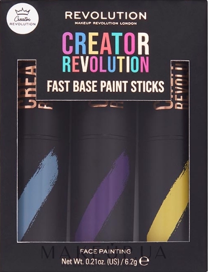 Набор стиков для макияжа - Makeup Revolution Creator Fast Base Paint Stick Set Light Blue, Purple & Yellow — фото 6.2g