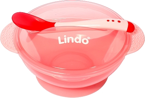 Тарілка на присосці, з кришкою та ложкою, рожева - Lindo А 49