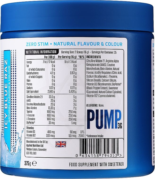 Многокомпонентный предтренировочный препарат со смесью 12 веществ для работоспособности мышц и кровотока - Applied Nutrition Preworkout Icy Blue Raz — фото N2