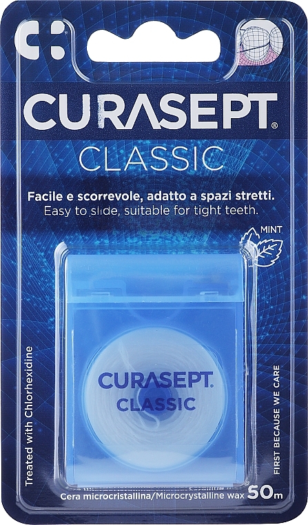 Зубна нитка, 50 м, із м'ятним смаком - Curaprox Curasept Classic Waxed Dental Floss Chlorhexidine — фото N1
