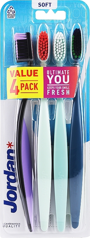 Зубна щітка м'яка, 4 шт., чорно-зелена + темно-синя + чорна - Jordan Ultimate You Soft Toothbrush — фото N1