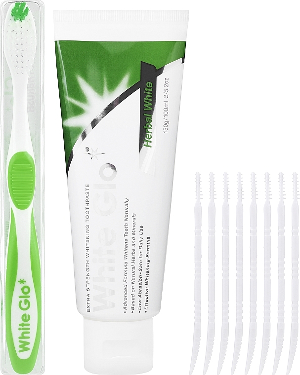 Набір з біло-зеленою щіткою - White Glo Herbal White Set (t/paste/100ml + t/brush/1pc + dental/flosser) — фото N1