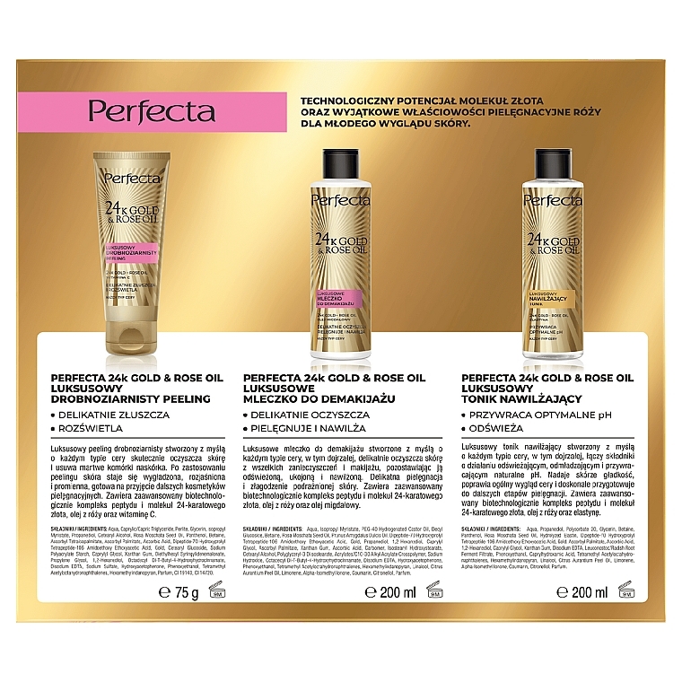 Набор - Perfecta 24k Gold & Rose Oil (ton/20ml + milk/200ml+peel/75g) — фото N2