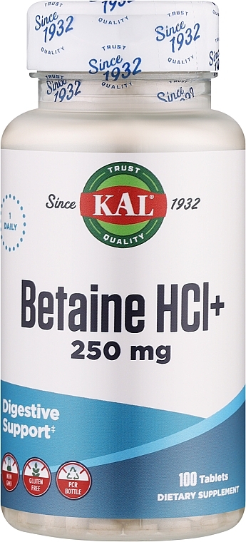 Харчова добавка "Бетаїну гідрохлорид" - Kal Betaine HCl Plus 250 mg — фото N1