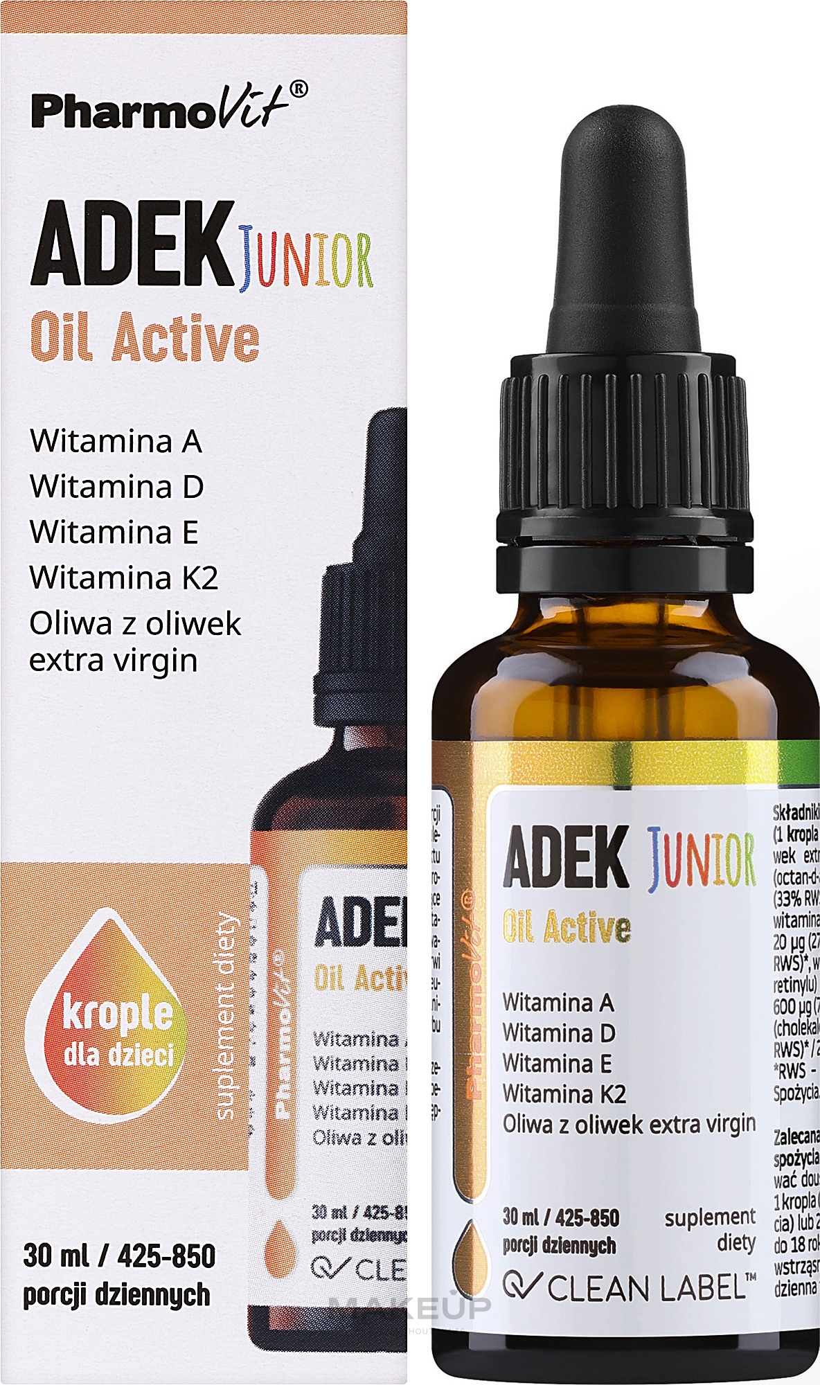 Витамины ADEK, в каплях - Pharmovit Clean Label ADEK Junior Oil Active — фото 30ml
