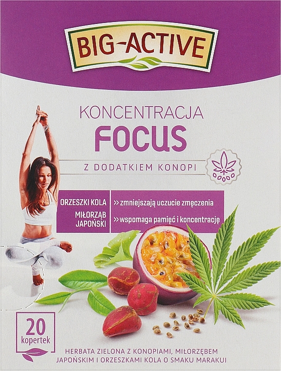 Диетическая добавка "Зеленый чай с семенами конопли, листьями гинкго и орехами кола для концентрации" - Big-Active Focus — фото N1