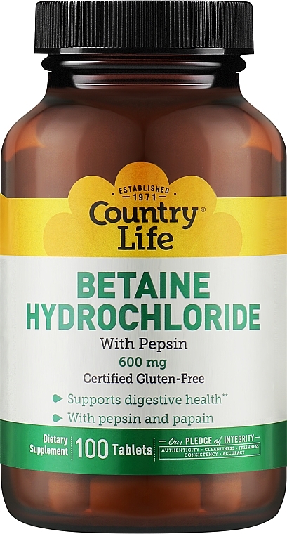 Натуральний комплекс "Бетаїн гідрохлорид з пепсином" - Country Life Betaine Hydrochloride — фото N1