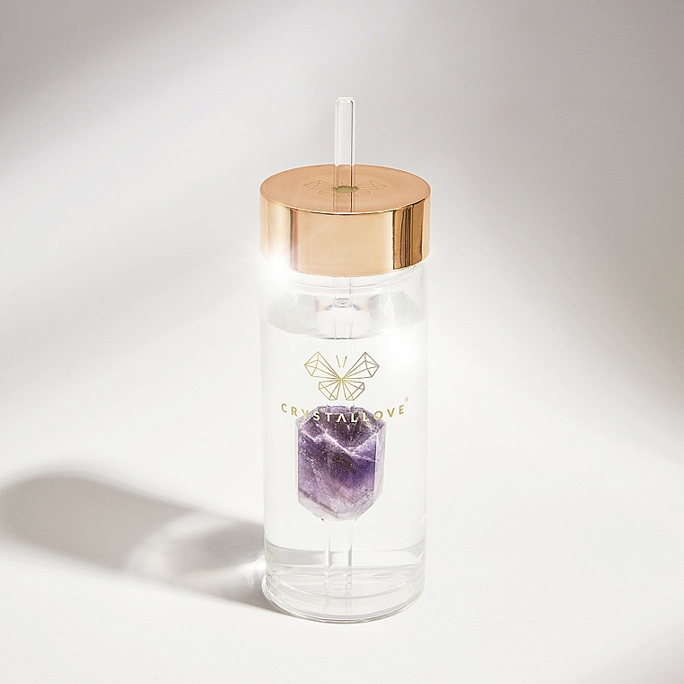 Скляна пляшка для води з аметистом і трубочкою, 400 мл - Crystallove Glass Water Bottle with Amethyst and Straw — фото N4