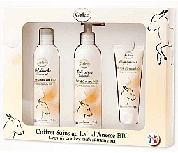 Парфумерія, косметика Набір - Galeo Organic Donkey Milk Scincare Set (sh/gel/250ml + b/milk/250ml + h/cr/75ml)