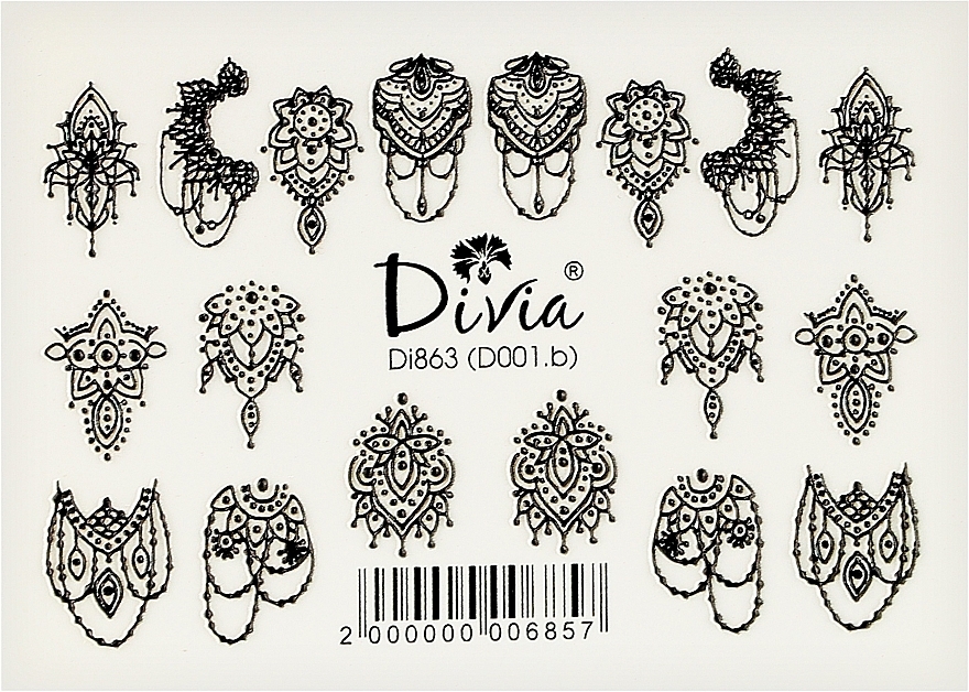 Наклейки для нігтів "3D" чорно-білі, Di863 - Divia Nail stickers "3D" black and white, Di863 — фото N1