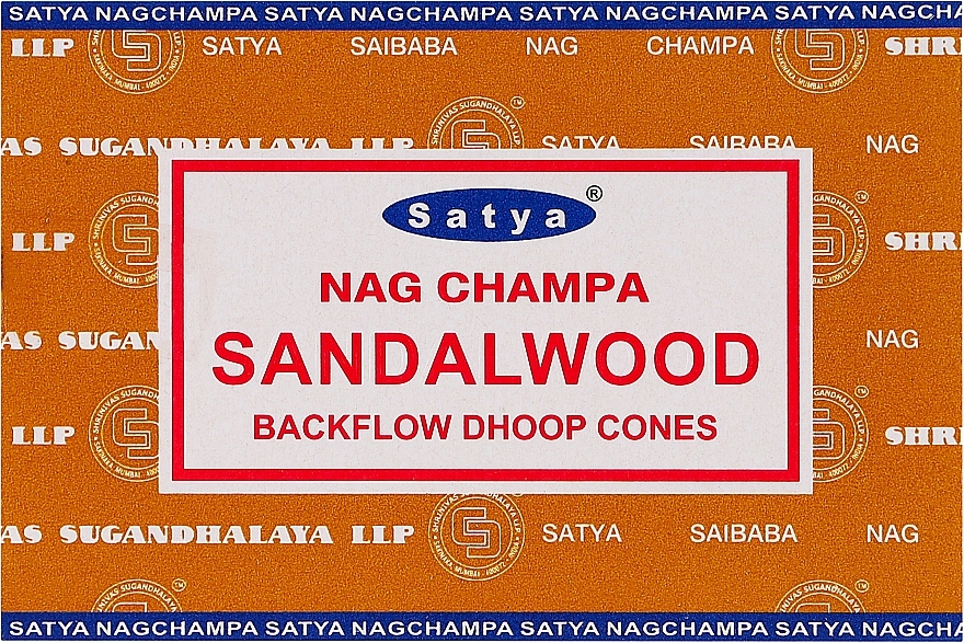 Стелющиеся дымные благовония конусы "Сандал" - Satya Sandalwood Backflow Dhoop Cones — фото N1