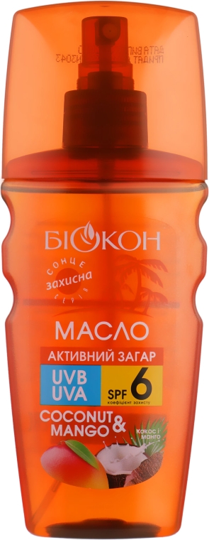 Масло для тела "Активный загар. Кокос и манго" SPF 6 - Биокон — фото N1