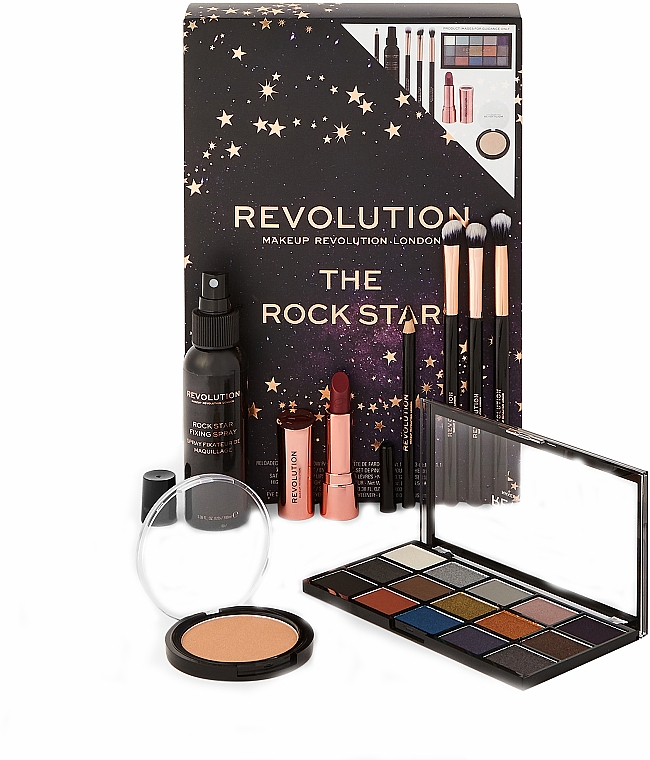 Набор - Makeup Revolution The Rock Star (eye/palette/16.5g + highl/6.5g + fix/sprey/100ml + lipstick/3.5g + eye/pen/1.2g + brush/3) — фото N2