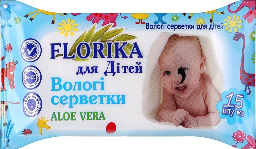 Влажные салфетки для детей "Алоэ вера", 15 шт, голубые - Florika Baby Wet Wipes Aloe Vera — фото N1