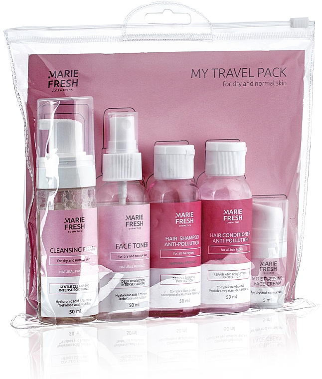 Дорожний набір для сухої та нормальної шкіри - Marie Fresh Cosmetics Travel Set For Dry Skin (f/foam/50ml + f/ton/50ml + h/shm/50ml + h/cond/50ml + f/cr/5ml) — фото N3