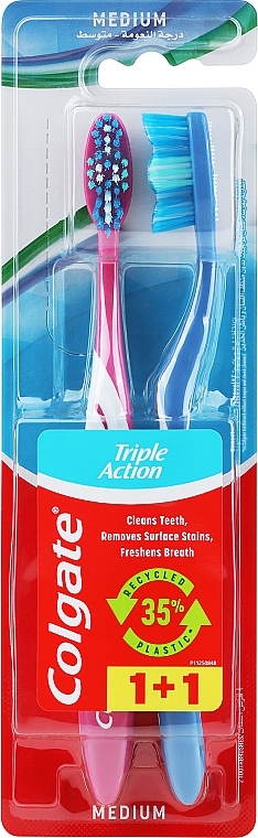 Набор зубных щеток "Тройное действие" средней жесткости, 2 шт., синяя, малиновая - Colgate Triple Action Medium — фото N1