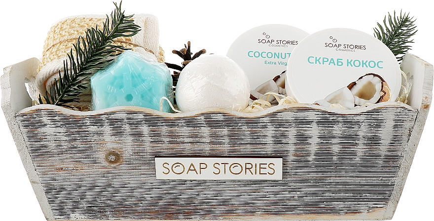 Подарочный набор "Кокос" - Soap Stories (butter + soap + scrab + bath/bomb + sponge) — фото N1