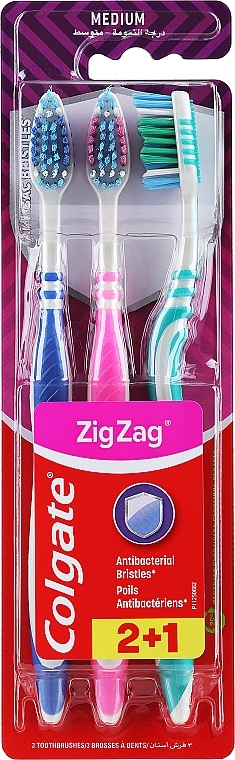 Набор «Зигзаг», средней жесткости, синяя + розовая + бирюзовая - Colgate Medium Toothbrush — фото N1