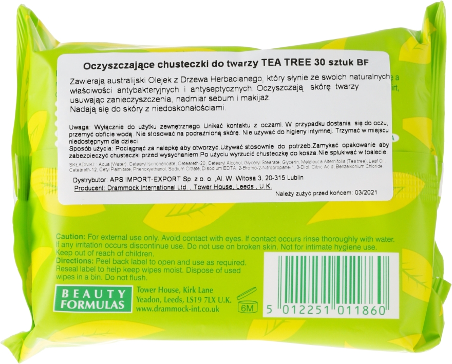 Очищувальні серветки для обличчя - Beauty Formulas Tea Tree Cleansing Wipes — фото N2