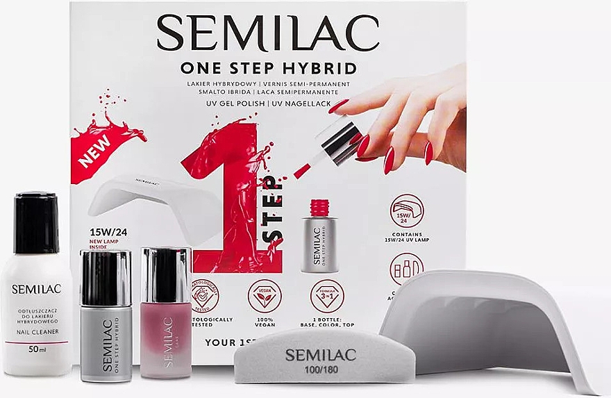 Semilac One Step Hybrid Gel Polish Starter Set - Стартовий набір, 5 продуктів, біла лампа — фото N1