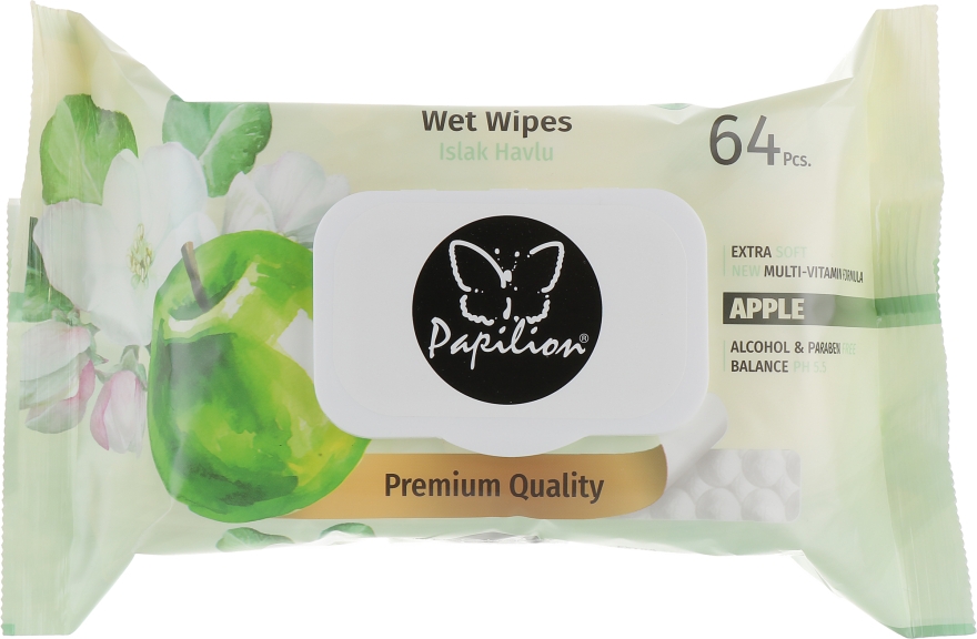 Влажные салфетки с пластиковой крышкой "Яблоко", 64 шт - Papilion Wet Wipes Apple