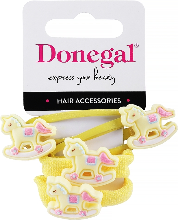 Набір заколок і резинок для волосся, FA-5663+1, жовті з конячками - Donegal — фото N1