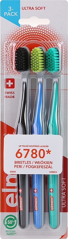 Зубные щетки ультра-мягкие, черная + голубая + бирюзовая - Elmex Swiss Made — фото N1