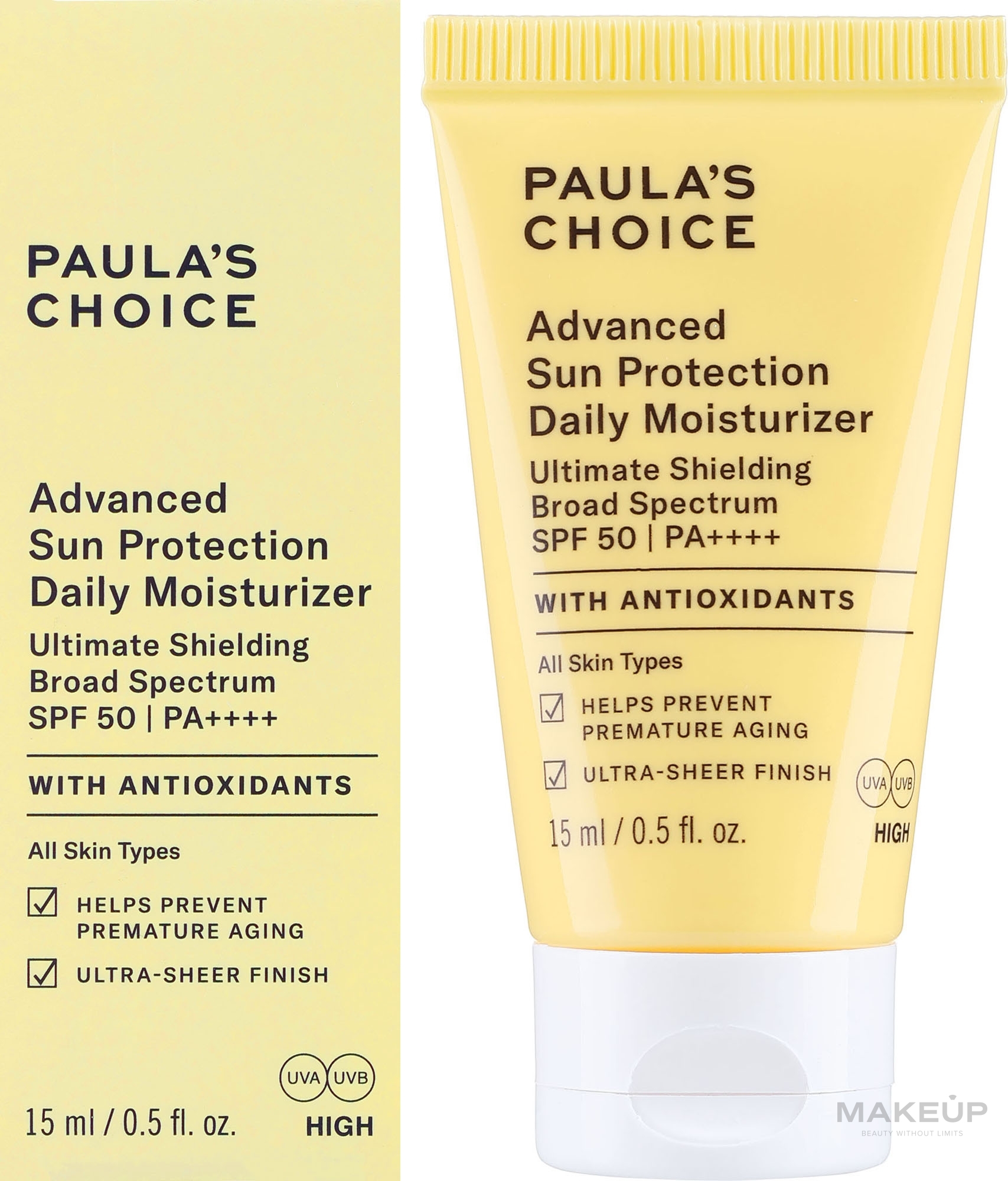 Зволожувальний сонцезахисний крем - Paula's Choice Advanced Sun Protection Daily Moisturizer SPF 50 PA++++ Travel Size — фото 15ml