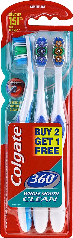 Набор зубных щеток средней жесткости, синяя + фиолетовая + оранжевая - Colgate 360 — фото N1