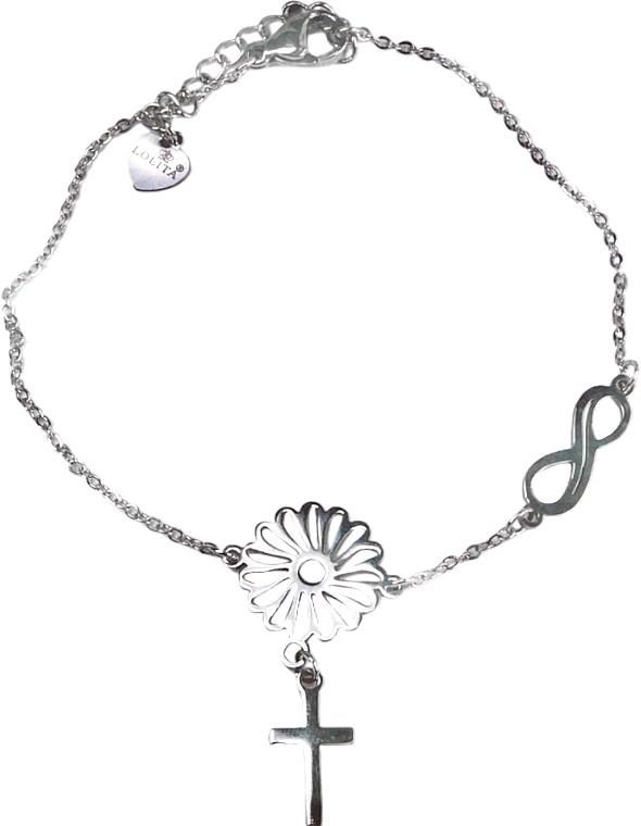 Браслет жіночий, хрестик на квітці та нескінченність, сріблястий - Lolita Accessories — фото N1