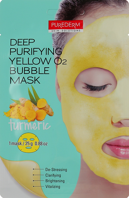 Кислородная маска для глубокого очищения лица "Куркума" - Purederm Deep Purifying Yellow O2 Bubble Mask 