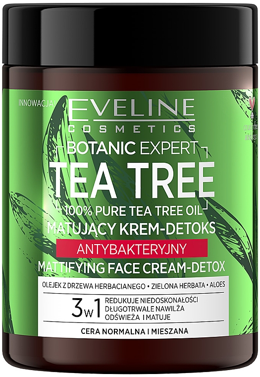 Матирующий крем-детокс для лица антибактериальный 3в1 - Eveline Cosmetics Botanic Expert Tea Tree Mattifying Face Cream-Detox