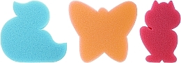 Набір дитячих губок для ванни, 3 шт., блакитний качечка + помаранчевий метелик + рожевий кіт - Ewimark — фото N1