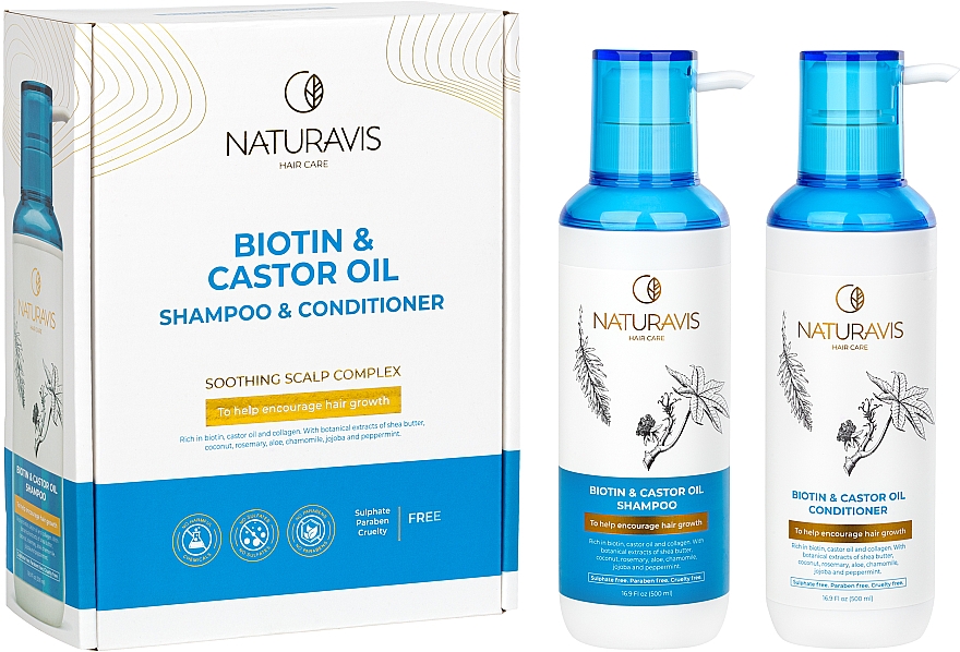 Набір: шампунь і кондиціонер "Biotin & Castor Oil" - Naturavis Biotin & Castor Oil Shampoo & Conditioner Set (shm/500ml + cond/500ml) — фото N1