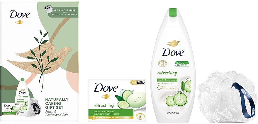 Набір - Dove Body Care Gift Set With Refreshing Sponge (sh/gel/250ml + soap/100g + sponge/1pcs) — фото N2