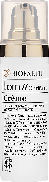 Відбілювальний крем для обличчя з екстрактом слизу равлика, легка консистенція - Bioearth Loom Creme Clarifiante