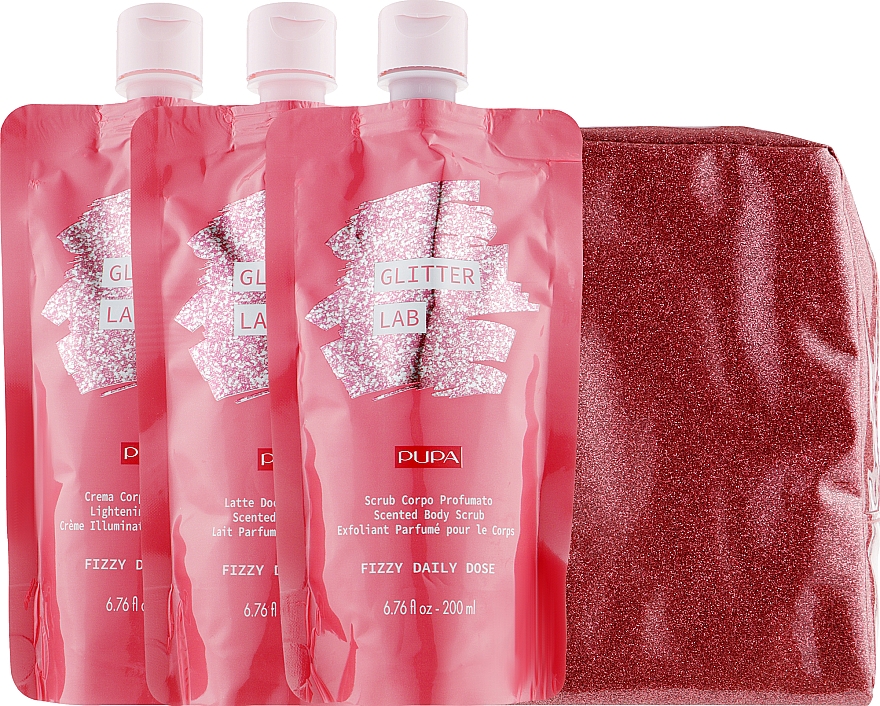 Набор - Pupa Glitter Lab Frizzy Daily Dose (bag + milk/200 ml + cream/200ml + scrub/200ml) — фото N2