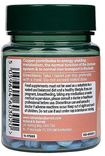Пищевая добака "Медь", 2000 mg - Holland & Barrett Chelated Copper — фото N3