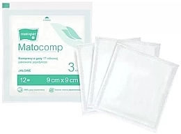 Компрессы марлевые стерильные, 17 нитей, 12 слоев, 9х9 см, 3 шт., в индивидуальной упаковке - Matopat Matocomp — фото N1