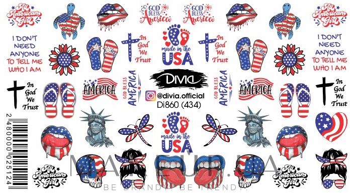 Наклейки для ногтей водные "USA" - Divia Di860  — фото 434