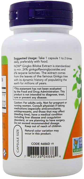 Капсулы "Гинкго билоба" 60 mg - Now Foods Ginkgo Biloba — фото N2