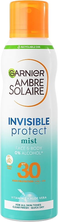 Солнцезащитный освежающий водостойкий спрей-вуаль для кожи тела и лица, высокая степень защиты SPF30 - Garnier Ambre Solaire Invisible Protect Mist — фото N1